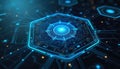 Abstract blue circuit board with glowing hexagon. Digital network data flow, futuristic tech interface, complex cybernetic Royalty Free Stock Photo