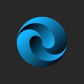 Abstract blue circular shape 3d logo with gradient and noise texture and dynamic curves, isolated on dark background, technology,