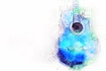 Abstract blue color shape on acoustic guitar on watercolor illustration painting