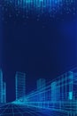 Abstract Blue Cyberpunk Cityscape Background with Futuristic Digital Elements and Geometric Patterns for Technology Presentations Royalty Free Stock Photo