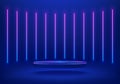 Abstract blue cylinder pedestal podium. Sci-fi blue abstract background with glowing vertical neon lamp lighting. Vector rendering Royalty Free Stock Photo