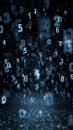 Abstract blue digital background featuring falling white number patterns simulating complex matrix code and futuristic cyber data Royalty Free Stock Photo