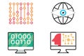 Abstract blue digital binary code network with matrix visualization of circuits and data flow, tech line art icon set Royalty Free Stock Photo