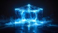Abstract Blue Digital Cube With Glowing Particles In Dark Room With Smoke Royalty Free Stock Photo