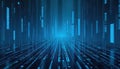 Abstract blue digital grid pattern forms virtual data tunnel. Light lines, binary code dots create tech network background. Royalty Free Stock Photo