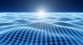 Abstract Blue Digital Landscape of Wavy Grid Lines with a Bright Light Source in the Distance Royalty Free Stock Photo