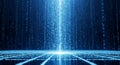 Abstract Blue Digital Matrix of Falling Binary Code and Glowing Grid Lines data technology Royalty Free Stock Photo