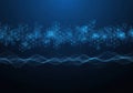 Abstract blue digital network waves and glowing particles on dark background Royalty Free Stock Photo