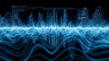 Abstract blue digital sound wave visualization with glowing lines and data display Royalty Free Stock Photo