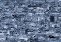 Abstract blue duotone modern cityscape urban landscape with dense crowded buildings