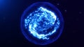 Abstract blue energetic glowing magic orb with plasma dynamic shining core levitates in space. Dark blue background with fractal Royalty Free Stock Photo