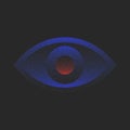 Abstract blue eye design with transparent glowing circular elements and red center, and subtle noise overlay. Futuristic visual