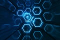 Abstract blue of futuristic surface hexagon pattern, hexagonal honeycomb with light rays, 3D Rendering