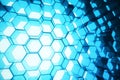 Abstract blue of futuristic surface hexagon pattern, hexagonal honeycomb with light rays, 3D Rendering Royalty Free Stock Photo