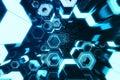 Abstract blue of futuristic surface hexagon pattern, hexagonal honeycomb with light rays, 3D Rendering