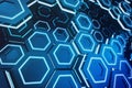 Abstract blue of futuristic surface hexagon pattern, hexagonal honeycomb with light rays, 3D Rendering Royalty Free Stock Photo