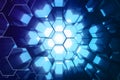 Abstract blue of futuristic surface hexagon pattern, hexagonal honeycomb with light rays, 3D Rendering