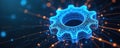 Abstract blue gear mesh with digital circuit lines. AI and big data streams flow into smart system for automation optimization. Royalty Free Stock Photo