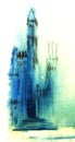 Abstract blue ghost castle. Hand painted on wet paper real water