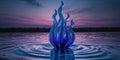 Abstract Blue Glass Flame Sculpture by Water at Night. Royalty Free Stock Photo