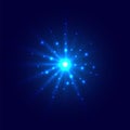 Abstract blue glow light burst explosion with magic bright sparkle center and glitters around on dark background Royalty Free Stock Photo