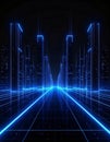 Abstract Blue Glowing Cityscape with Perspective Grid on Dark Background Royalty Free Stock Photo