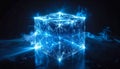 Abstract Blue Glowing Cube Digital Network Structure With Light Particles And Smoke Effect Royalty Free Stock Photo