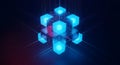 Abstract blue glowing data cubes connected by lines in a dark digital space Royalty Free Stock Photo