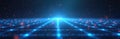 Abstract blue glowing grid pattern with red dust particles. Digital network lines extend to horizon under bright light. Royalty Free Stock Photo