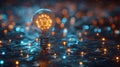 An abstract blue glowing light bulb with gears inside. A low poly design with abstract geometric background. Light