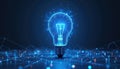 Abstract blue glowing light bulb illustration. Low-poly wireframe style with neon frame. Tech innovation concept. Solution, idea,