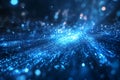 Abstract blue glowing particles emanating from a central light source creating a futuristic digital network or data stream effect Royalty Free Stock Photo