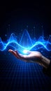 Abstract blue glowing wave data visualization projected from open palm on digital grid background Royalty Free Stock Photo