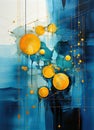 Abstract Blue and Gold Acrylic Painting with Circles and Drips