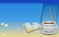 Abstract blue gradient background with coffee cup Notebook and pen for graphic design illustration Royalty Free Stock Photo