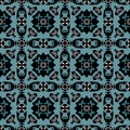 Abstract blue green damask pattern on a black