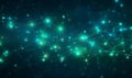 Abstract blue green technology background with a cyber network grid and connected particles. Artificial neurons, global data