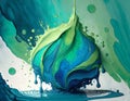 Abstract blue and green tone earth Crylic paint blob, creative modern artwork and flat lay drop digital art concept. Royalty Free Stock Photo