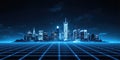 Abstract Blue Grid Digital Cityscape Horizon Technology Network Background A stylized cityscape silhouette composed of simple Royalty Free Stock Photo