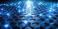 Abstract blue hexagonal network structure illuminated by glowing nodes representing interconnectivity and data flow. Generative AI Royalty Free Stock Photo