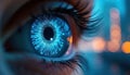 Abstract blue iris with digital circuit patterns. Human eye shows futuristic vision, artificial intelligence concept. Tech bright Royalty Free Stock Photo