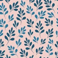 Seamless pattern with simple abstract blue leaves and branches on a delicate pink background. Floristic print for textiles,
