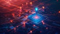 Abstract blue light shining on a map with isometric GPS tracking features. Digitally created map background with