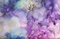 Abstract  blue and lilac watercolor with gold glitter horizontal  panting background. Marble texture. Alcohol ink Royalty Free Stock Photo