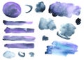 Abstract blue monochrome watercolor set of stains