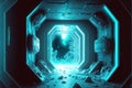 Abstract blue neon background with a sci-fi thaw frozen in ice. Fantasy neon light tunnel. AI