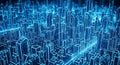 Abstract Blue Neon Wireframe Cityscape Futuristic Digital Network Data Technology Background Royalty Free Stock Photo