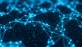 Abstract blue network of glowing lines and nodes with binary code data points in digital space Royalty Free Stock Photo