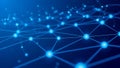 Abstract Blue Network of Glowing Spheres Connected by Thin Lines on a Dark Blue Background Royalty Free Stock Photo