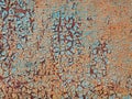 Abstract blue orange white texture with grunge cracks. Cracked paint on a metal surface. Bright urban background with rough paint Royalty Free Stock Photo